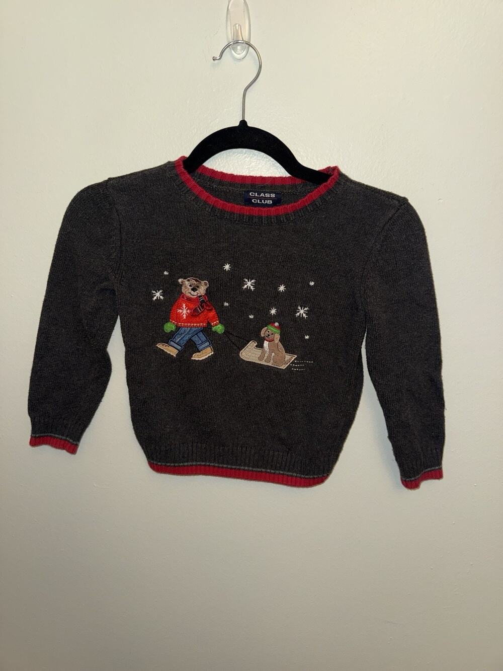 Vintage Class Club Boys 4/5 Knit Sweater Bear Dog Sled Holiday Winter Gray